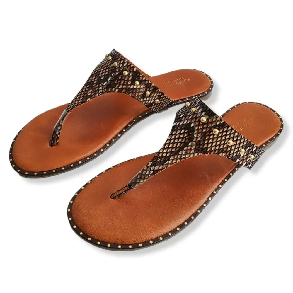Women Sophia Milano Leather Thong Sandal 9 Brown Snake Stud Italy Boho NEW